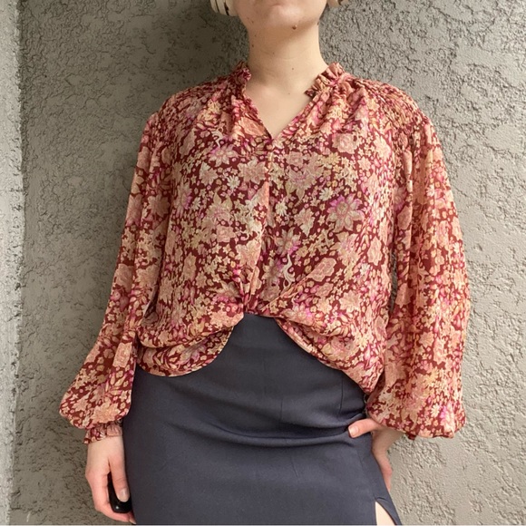 Joie Anthropologie red orange gold floral print blouse - Picture 2 of 5